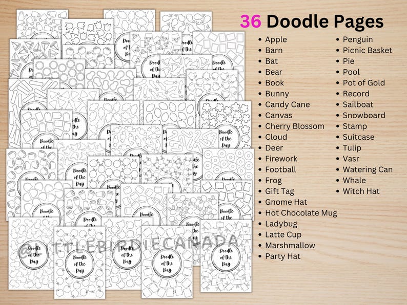 May include: A collection of 36 doodle pages with various designs, including apples, bunnies, and party hats. Each page features a unique black and white doodle, perfect for coloring or creative projects. The text "Doodle of the Day" is also visible.