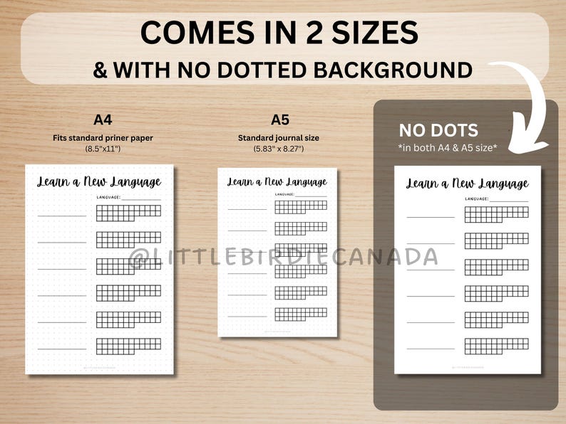 May include: Three printable pages for learning a new language. The pages are in two sizes, A4 (8.5 x 11 inches) and A5 (5.83 x 8.27 inches). The pages have a grid layout and the text "Learn a New Language" is at the top of each page. The text "NO DOTS" is at the top of the rightmost page.