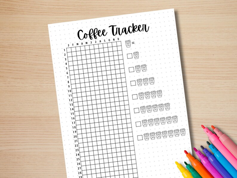Puede incluir: Un rastreador de caf&eacute; imprimible con una cuadr&iacute;cula para cada mes del a&ntilde;o. El rastreador tiene una secci&oacute;n para llevar un registro del n&uacute;mero de tazas de caf&eacute; consumidas cada d&iacute;a.