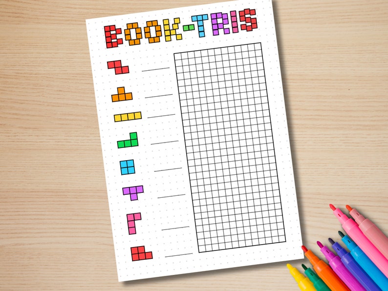 May include: Printable book tracker with a Tetris theme. The tracker has a grid for marking off books read and a list of Tetris blocks to color in as you read.