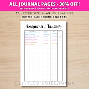 Seguimiento de tareas - Página de diario imprimible - Diario del estudiante - Planificador del estudiante - Agenda del estudiante - Registro de tareas - Registro de tareas - Página del planificador