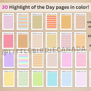 May include: Thirty rectangular pages titled Highlight of the Day, each featuring horizontal lines in various color palettes including pink, orange, yellow, green, blue, and purple. The text 30 Highlight of the Day pages in color! is visible.