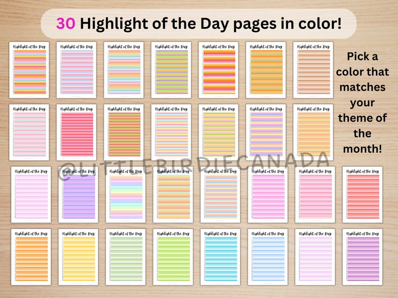 May include: Thirty rectangular pages titled Highlight of the Day, each featuring horizontal lines in various color palettes including pink, orange, yellow, green, blue, and purple. The text 30 Highlight of the Day pages in color! is visible.
