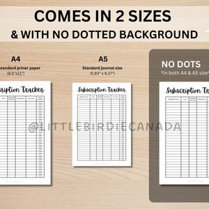 May include: A printable subscription tracker in two sizes, A4 (8.5 x 11 inches) and A5 (5.83 x 8.27 inches). The tracker has columns for subscription name, cost, payment method, frequency, due date, and notes. The text "Subscription Tracker" is written in a handwritten font at the top of the page. The text "NO DOTS" is written at the top of the page, indicating that the tracker does not have a dotted background.