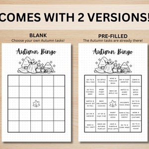 Puede incluir: Una tarjeta de bingo de oto&ntilde;o imprimible con dos versiones: en blanco y pre-rellenada. La versi&oacute;n en blanco te permite elegir tus propias tareas de oto&ntilde;o, mientras que la versi&oacute;n pre-rellenada incluye una lista de actividades de oto&ntilde;o. La tarjeta presenta una ilustraci&oacute;n en blanco y negro de un sombrero de bruja, una calabaza y otros art&iacute;culos oto&ntilde;ales.