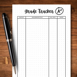 May include: A printable grade tracker with a dotted background. The page is divided into five columns labelled "Subject", "Assignment/Test", "Due Date", "Grade", and "A+".
