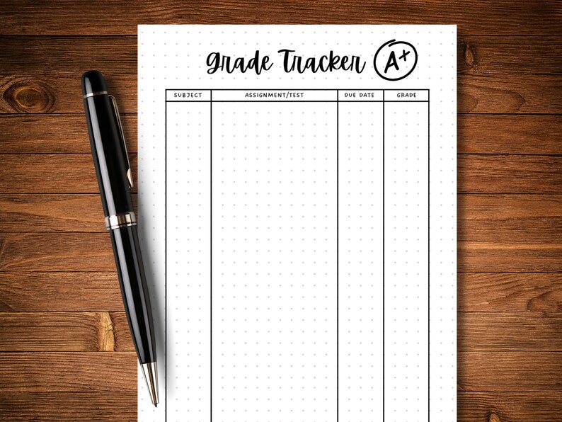 May include: A printable grade tracker with a dotted background. The page is divided into five columns labelled "Subject", "Assignment/Test", "Due Date", "Grade", and "A+".