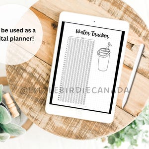May include: A black and white digital planner page with a water tracker. The tracker has a grid of 31 days with circles to mark off each glass of water. The page also includes a drawing of a bucket with a lid and a straw.