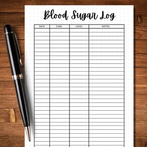 May include: A printable blood sugar log with columns for date, time, level, and notes.