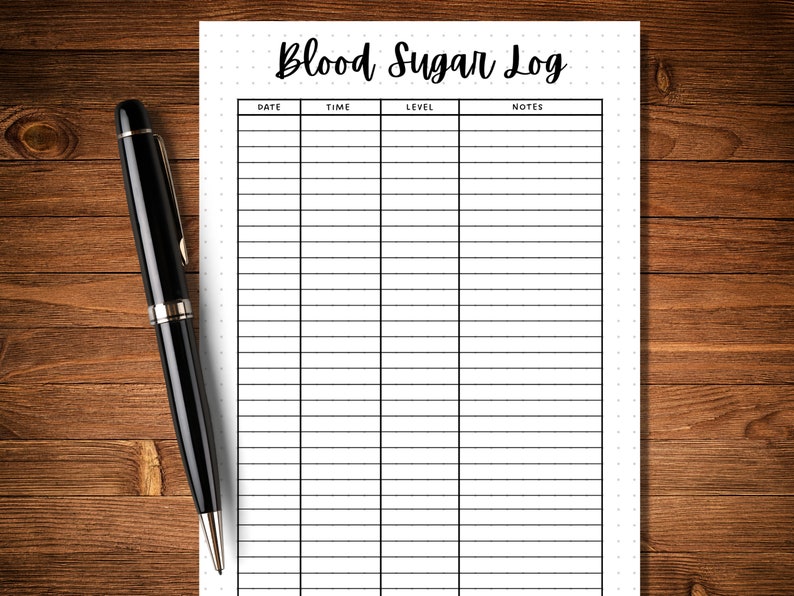 May include: A printable blood sugar log with columns for date, time, level, and notes.