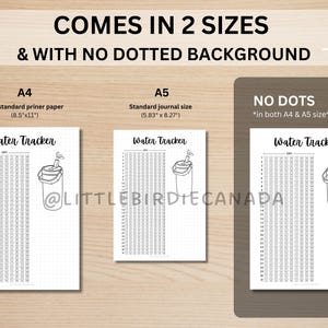 May include: A printable water tracker in two sizes, A4 (8.5 x 11 inches) and A5 (5.83 x 8.27 inches). The tracker features a simple design with a bucket and straw, and the text "Water Tracker". The tracker is available without a dotted background.