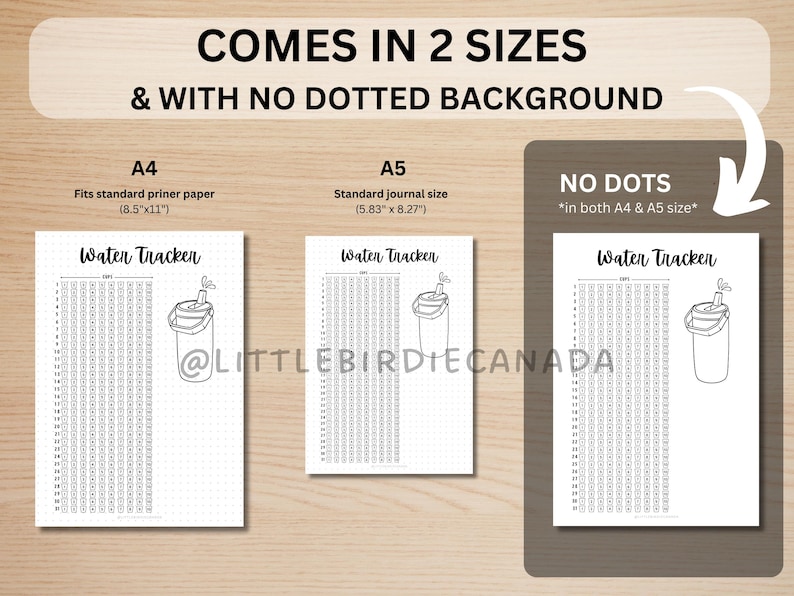 May include: A printable water tracker in two sizes, A4 (8.5 x 11 inches) and A5 (5.83 x 8.27 inches). The tracker features a simple design with a bucket and straw, and the text "Water Tracker". The tracker is available without a dotted background.
