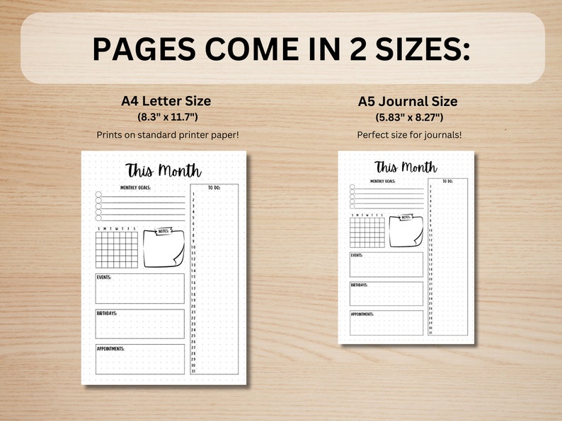 May include: Black and white printable planner page with a monthly calendar, to-do list, and sections for events, birthdays, and appointments. The page is labeled "This Month" and is available in two sizes: 8.3 inches by 11.7 inches and 5.83 inches by 8.27 inches.