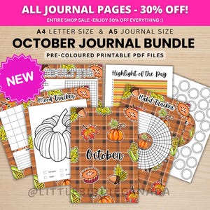 May include: A collection of printable journal pages featuring an October theme with autumn motifs like pumpkins, acorns, leaves, and pies on a brown plaid background. The set includes trackers for habits and moods, with text labels such as October, Mood Tracker, Habit Tracker, and Highlight of the Day.