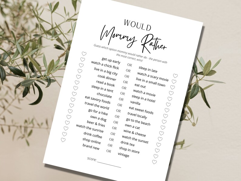 May include: A printable "Would You Rather" game for a baby shower or mommy-to-be party. The game features a list of 18 questions with two choices each, such as "Get up early" or "Sleep in late".