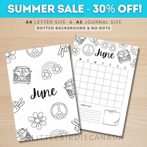 June Title Page - Hippie and Peace - June Calendar - PRINTABLE Calendar - Journal Title Page and Calendar Set - June Cover Page
