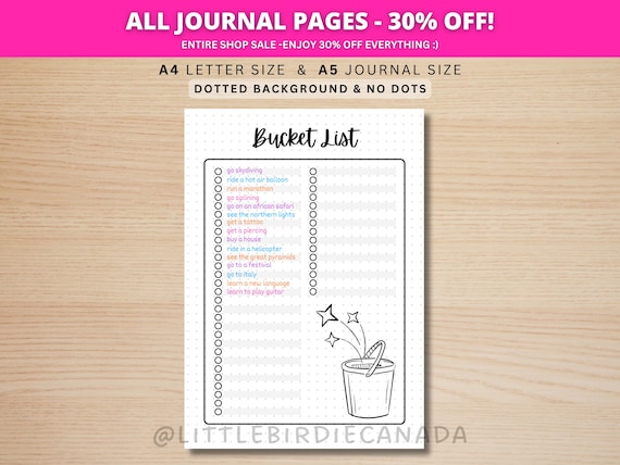 Bucket List - PRINTABLE Journal Page - Life Goals List - Goal Tracker - Travel List - To Do List - Dream List - Things To Do - Planner Page