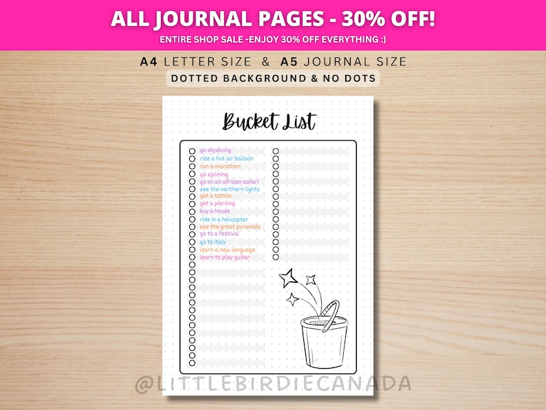 Bucket List - PRINTABLE Journal Page - Life Goals List - Goal Tracker - Travel List - To Do List - Dream List - Things To Do - Planner Page image 1