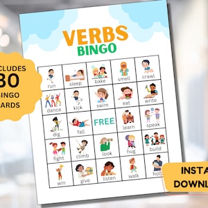 Verbs Bingo Game For Kids Action Verbs Educational Printable Game Classroom Activity Preschool Printable Homeschool Printable Bingo Cards