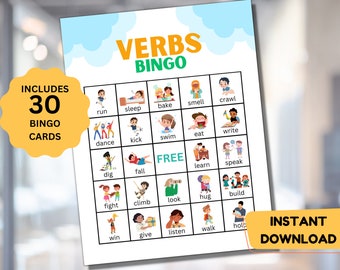 Verbs Bingo Game For Kids Action Verbs Educational Printable Game Classroom Activity Preschool Printable Homeschool Printable Bingo Cards