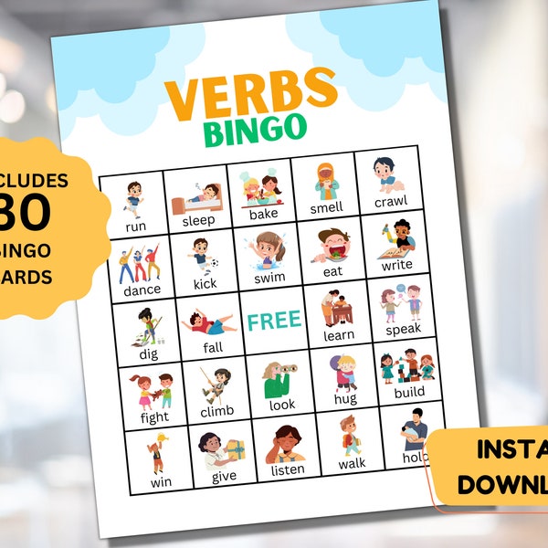 Verbs Bingo Game For Kids Action Verbs Jeu éducatif imprimable Activité en classe Préscolaire imprimable Homeschool Cartes de bingo imprimables