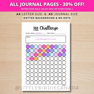 100 Challenge - DRUCKBARE Journalseite - Zieltracker - Fitness Challenge - Spar-Challenge - Lese-Challenge - Schreib-Challenge