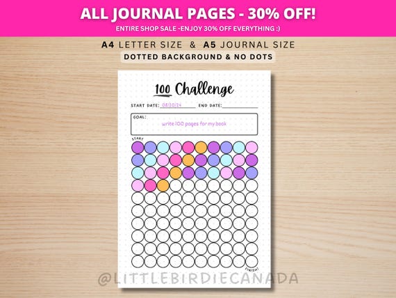 100 Challenge - PRINTABLE Journal Page - Goal Tracker - Fitness Challenge - Savings Challenge - Reading Challenge - Writing Challenge