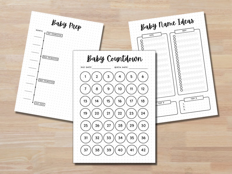 May include: Three printable pages for planning a baby shower. The first page is a checklist for baby prep, the second page is a countdown to the due date, and the third page is for brainstorming baby names.