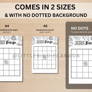 May include: A white 2026 Bingo game sheet with a grid layout, available in A4 (21.6 x 27.9 cm) and A5 (14.8 x 21 cm) sizes. The design includes fireworks and rocket ship illustrations. The text "COMES IN 2 SIZES & WITH NO DOTTED BACKGROUND" is at the top.