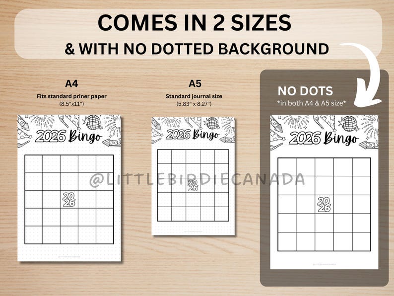 May include: A white 2026 Bingo game sheet with a grid layout, available in A4 (21.6 x 27.9 cm) and A5 (14.8 x 21 cm) sizes. The design includes fireworks and rocket ship illustrations. The text "COMES IN 2 SIZES & WITH NO DOTTED BACKGROUND" is at the top.