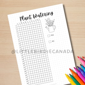 May include: A black and white plant watering tracker sheet with the title "Plant Watering". The sheet includes a grid for tracking, a watering can graphic, and checkboxes for "Yes" and "No". Colorful markers are in the bottom right corner.