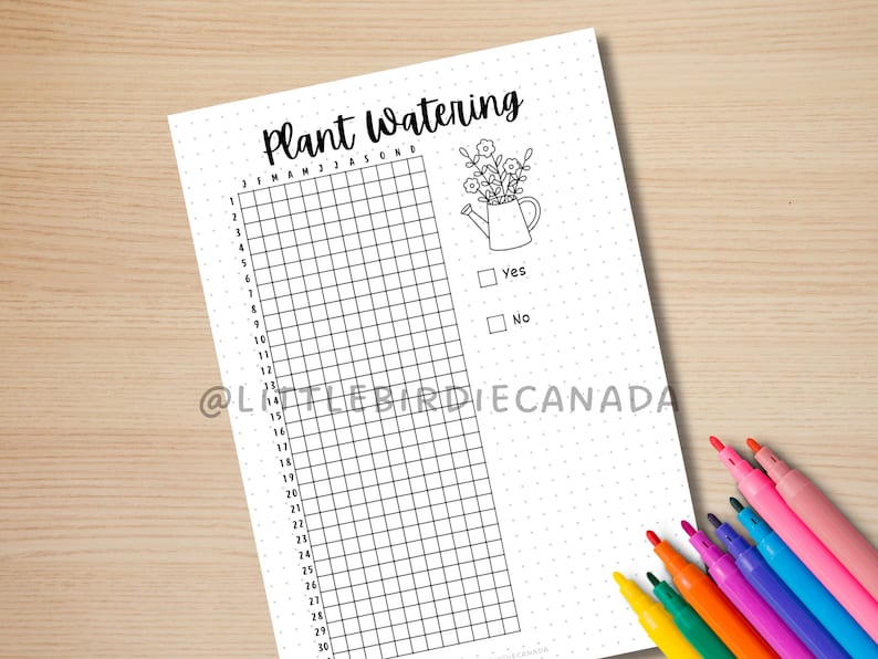 May include: A black and white plant watering tracker sheet with the title "Plant Watering". The sheet includes a grid for tracking, a watering can graphic, and checkboxes for "Yes" and "No". Colorful markers are in the bottom right corner.