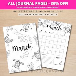 Página de título de marzo - Tortugas - Calendario de marzo - Calendario imprimible - Juego de página de título de diario y calendario - Portada de marzo