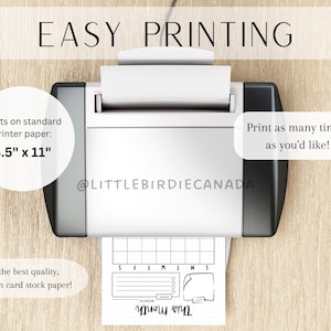 May include: A black and white printable planner page with the text "This Month" and a grid layout. The page is shown being printed on a standard printer. The text "Prints on standard printer paper: 8.5" x 11" and "Print as many time's as you'd like!" is also visible.