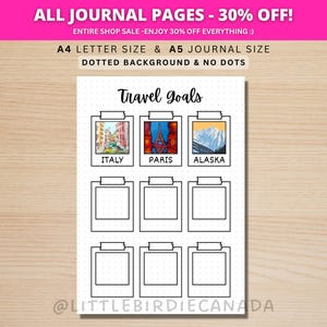 旅行の目標 - 印刷可能なジャーナルページ - プランナーページ - 旅行リスト - 旅行トラッカー - 旅行バケットリスト - 旅行チェックリスト - 旅行ジャーナル