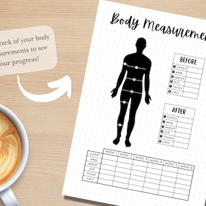 K&ouml;nnte beinhalten: Ein druckbarer K&ouml;rperma&szlig;-Tracker mit einer schwarzen Silhouette einer Person und einer Tabelle, um Messungen vor und nach einem Fitnessprogramm zu verfolgen. Die Tabelle enth&auml;lt Spalten f&uuml;r Brust-, Arm-, Taillen-, H&uuml;ft-, Oberschenkel- und Wadenmessungen. Die Tabelle hat sechs Spalten, um Messungen &uuml;ber sechs Wochen hinweg zu verfolgen.