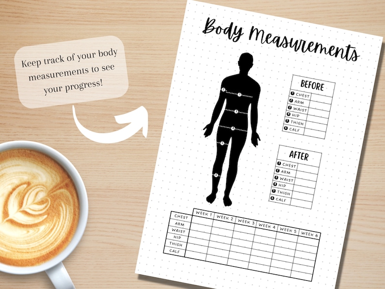 K&ouml;nnte beinhalten: Ein druckbarer K&ouml;rperma&szlig;-Tracker mit einer schwarzen Silhouette einer Person und einer Tabelle, um Messungen vor und nach einem Fitnessprogramm zu verfolgen. Die Tabelle enth&auml;lt Spalten f&uuml;r Brust-, Arm-, Taillen-, H&uuml;ft-, Oberschenkel- und Wadenmessungen. Die Tabelle hat sechs Spalten, um Messungen &uuml;ber sechs Wochen hinweg zu verfolgen.