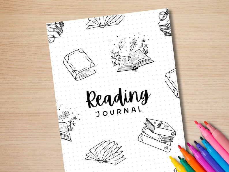 May include: A black and white printable reading journal cover with the text "Reading Journal" and illustrations of books, flowers, and leaves.