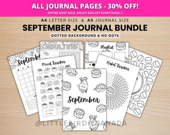 September Journal Bundle - Sushi - PRINTABLE Journal Pages - BLACK & WHITE - September Planner - September Agenda - Printable Planner