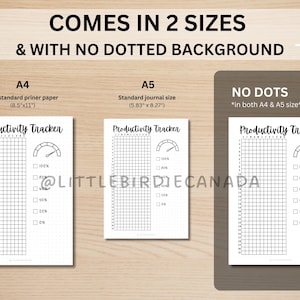 May include: A black and white productivity tracker printable in two sizes: 8.5 inches by 11 inches and 5.83 inches by 8.27 inches. The tracker features a grid with checkboxes and a speedometer graphic. The text "Productivity Tracker" is at the top of the page. The text "NO DOTS *in both A4 & A5 size*" is at the top of the page.