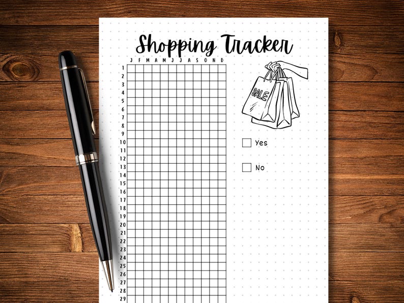 May include: A black and white printable shopping tracker with a grid for each month of the year. The tracker has a section for marking whether you shopped or not, with the words "Yes" and "No" next to checkboxes. A hand holding shopping bags with the word "SALE" on one of the bags is illustrated on the right side of the page.