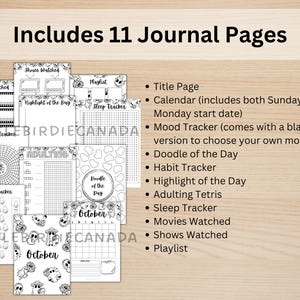 May include: A collection of 11 journal pages with various layouts, including a title page, calendar, mood tracker, and habit tracker. The pages are black and white with decorative elements and text such as "Movies Watched" and "October".