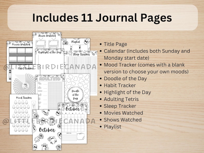 May include: A collection of 11 journal pages with various layouts, including a title page, calendar, mood tracker, and habit tracker. The pages are black and white with decorative elements and text such as "Movies Watched" and "October".