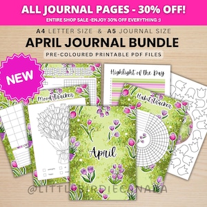 April Journal Bundle - Spring Tulips - PRINTABLE Journal Pages - PRE-COLOURED Pages - April Planner - April Agenda - Printable Planner