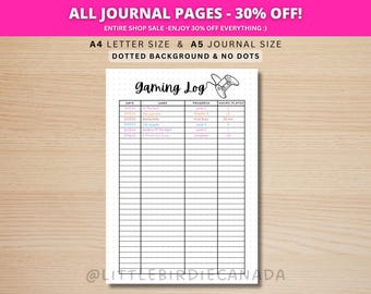 Gaming Log - PRINTABLE Journal Page - Video Game Log - Video Game Tracker - Video Game Hours Log - Gaming Tracker - Gaming Journal Page