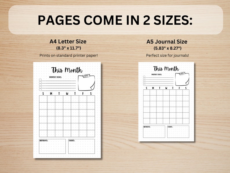 May include: Printable monthly planner page in black and white with dotted lines. The page is titled "This Month" and includes sections for monthly goals, birthdays, and events. The page is available in two sizes: 8.3 inches by 11.7 inches and 5.83 inches by 8.27 inches.
