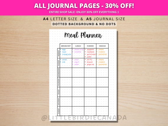 Meal Planner - PRINTABLE Journal Page - Planner Page - Printable Meal Plan Template - Food Journal - Food Log - Food Tracker - Food Diary