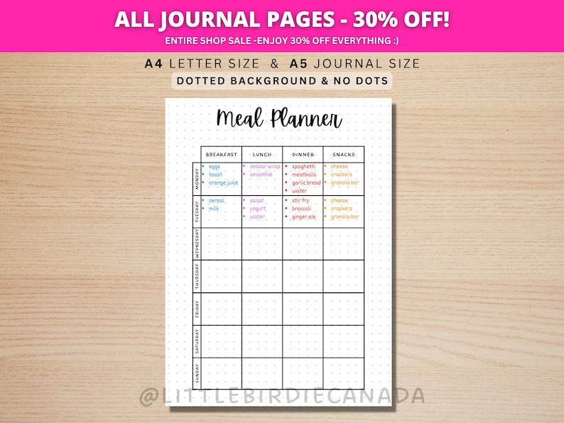 Meal Planner - PRINTABLE Journal Page - Planner Page - Printable Meal Plan Template - Food Journal - Food Log - Food Tracker - Food Diary image 1