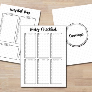 May include: Three printable checklists for a new parent. The first checklist is titled "Hospital Bag" and has sections for "For Baby" and "For Me". The second checklist is titled "Baby Checklist" and has sections for "Nursery", "Bath + Body", "Changing", "Feeding", "Gear", and "Clothing". The third checklist is titled "Cravings" and has a circle with the word "Cravings" inside.