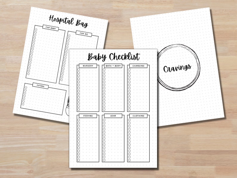 May include: Three printable checklists for a new parent. The first checklist is titled "Hospital Bag" and has sections for "For Baby" and "For Me". The second checklist is titled "Baby Checklist" and has sections for "Nursery", "Bath + Body", "Changing", "Feeding", "Gear", and "Clothing". The third checklist is titled "Cravings" and has a circle with the word "Cravings" inside.